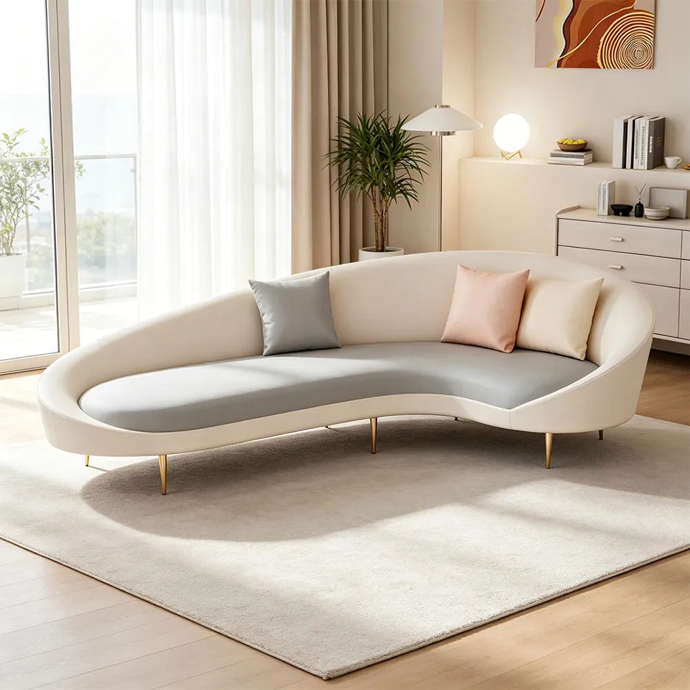 LIVARA Modern Curved Sofa Premium PU Leather High Density Foam Solid Wood Frame for Living Room Apartment Lounge - White & Grey