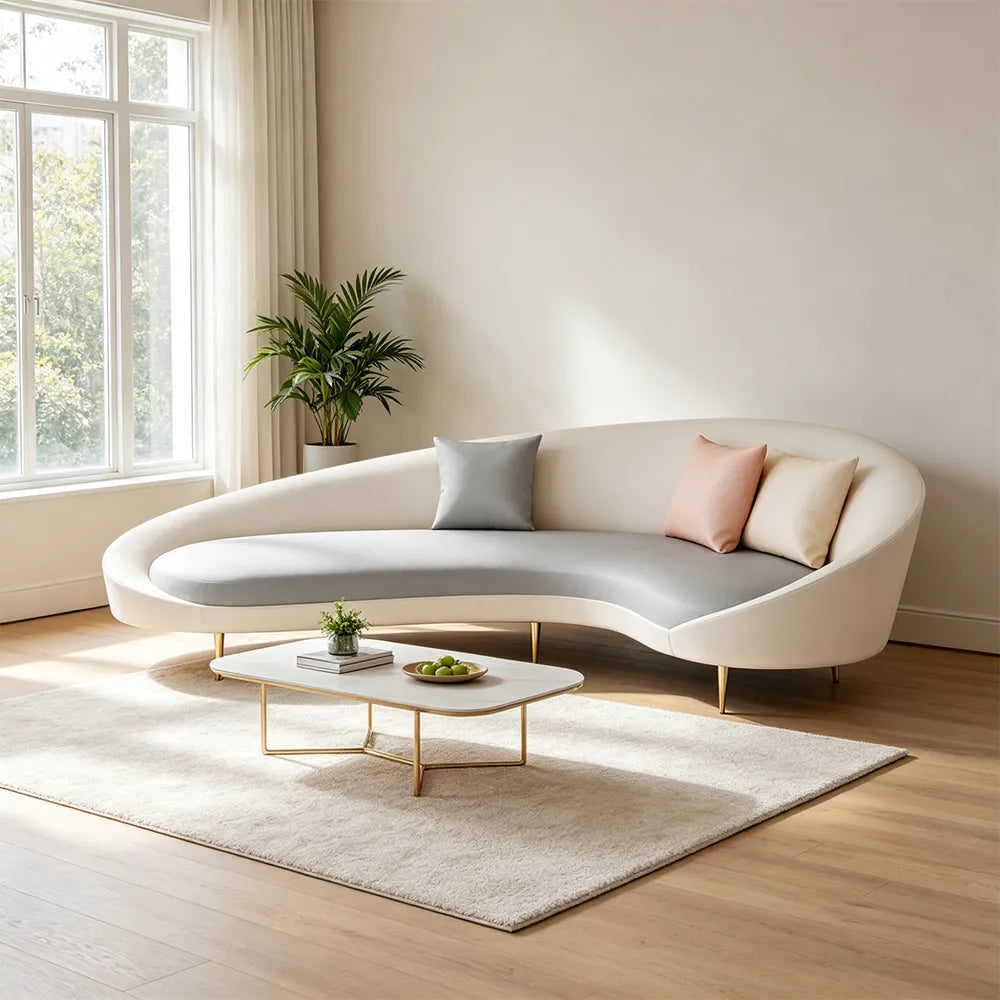LIVARA Modern Curved Sofa Premium PU Leather High Density Foam Solid Wood Frame for Living Room Apartment Lounge - White & Grey