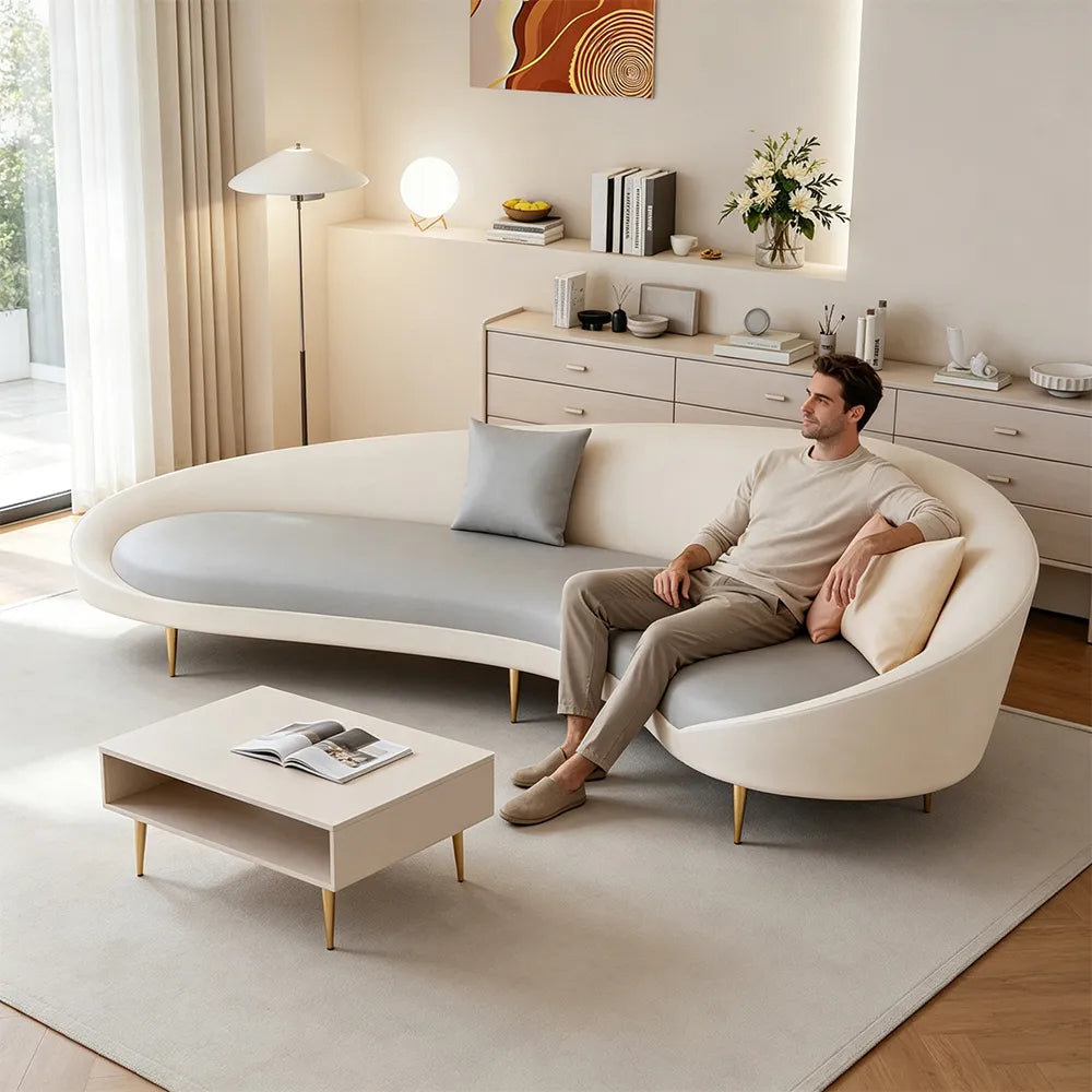 LIVARA Modern Curved Sofa Premium PU Leather High Density Foam Solid Wood Frame for Living Room Apartment Lounge - White & Grey