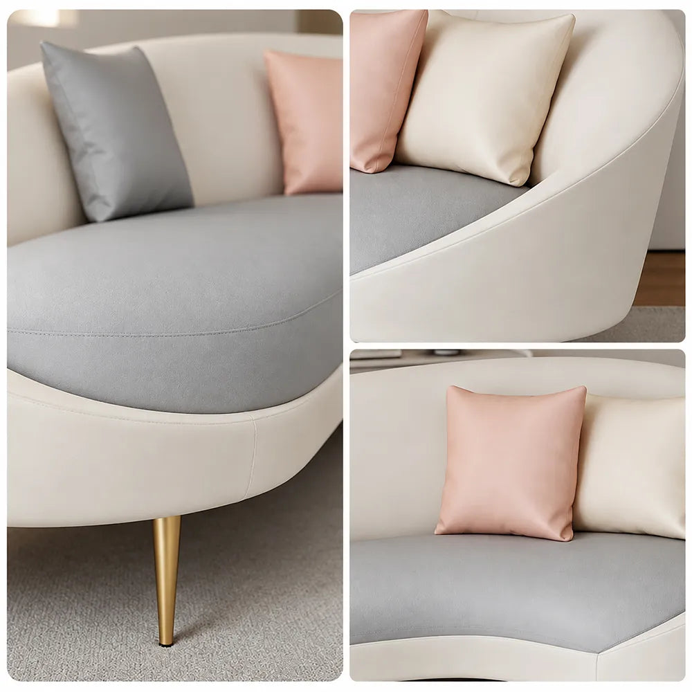 LIVARA Modern Curved Sofa Premium PU Leather High Density Foam Solid Wood Frame for Living Room Apartment Lounge - White & Grey