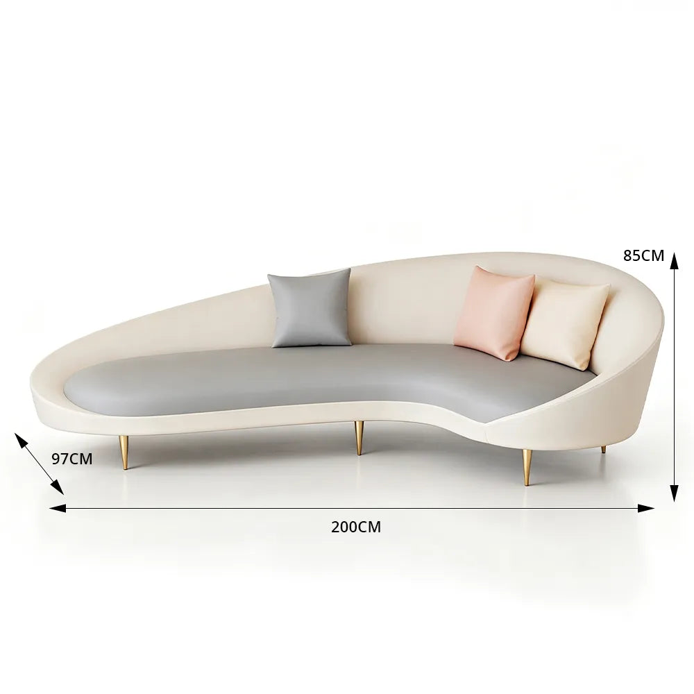LIVARA Modern Curved Sofa Premium PU Leather High Density Foam Solid Wood Frame for Living Room Apartment Lounge - White & Grey