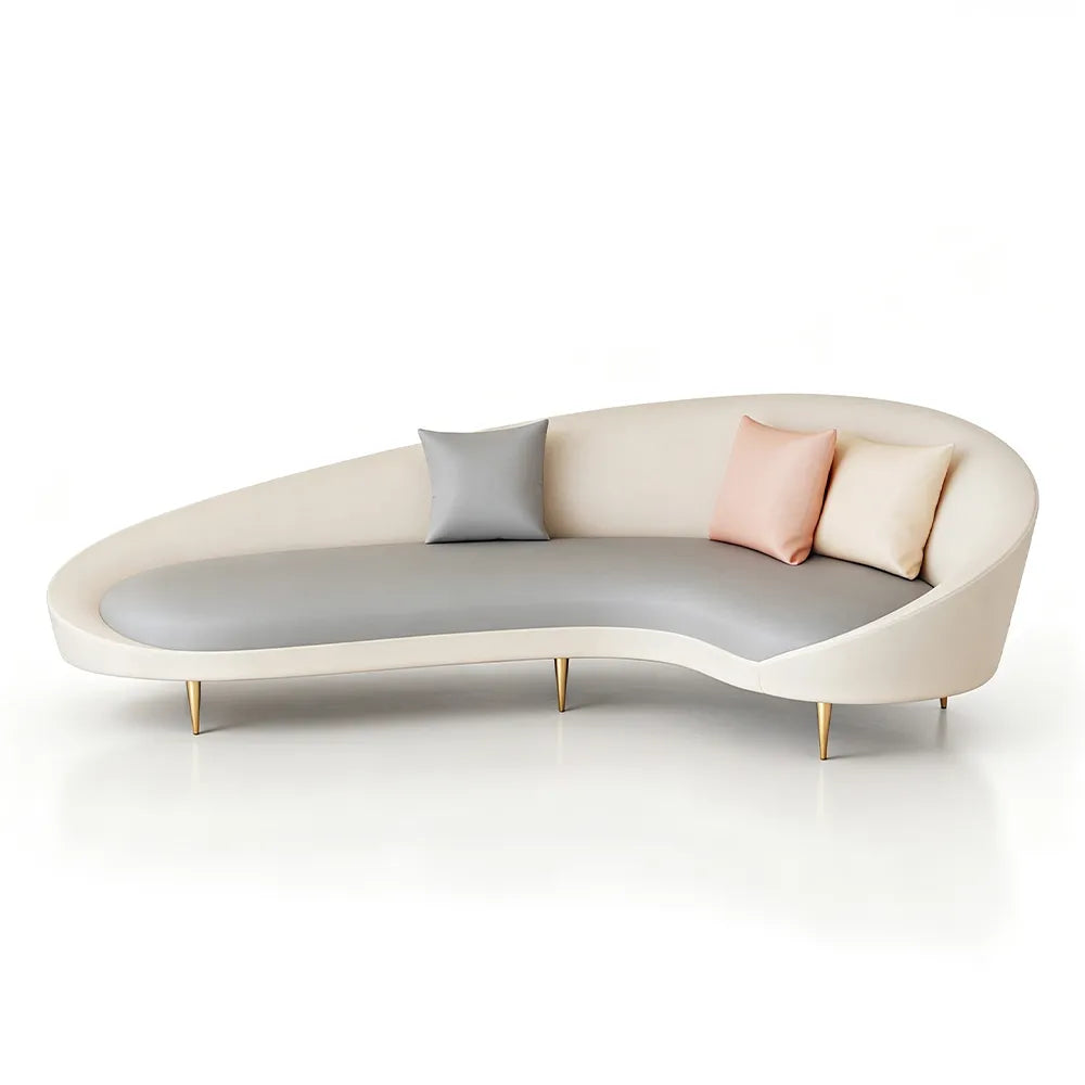 LIVARA Modern Curved Sofa Premium PU Leather High Density Foam Solid Wood Frame for Living Room Apartment Lounge - White & Grey
