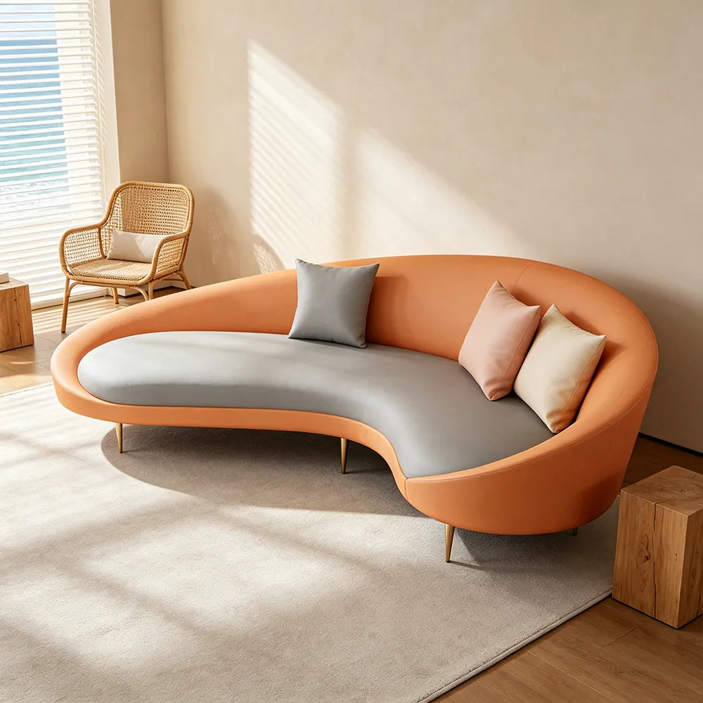 LIVARA Modern Curved Sofa Premium PU Leather High Density Foam Solid Wood Frame for Living Room Apartment Lounge - Orange & Grey