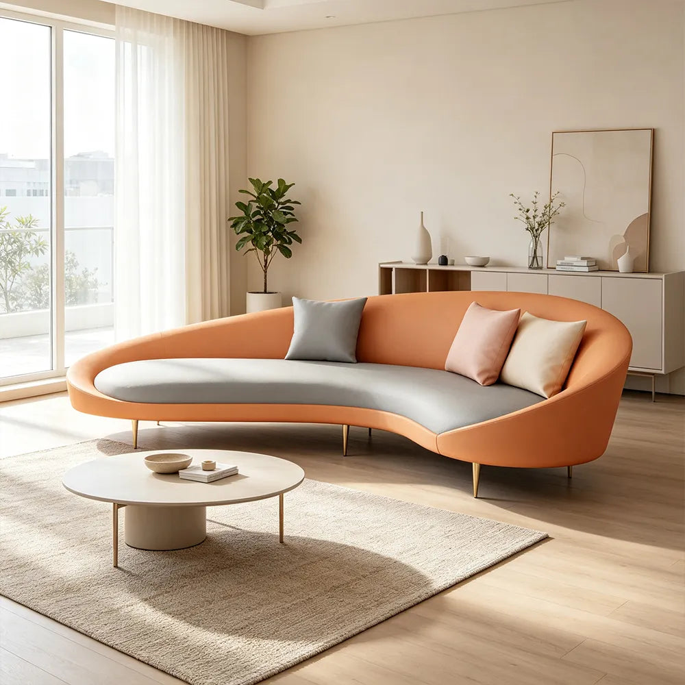 LIVARA Modern Curved Sofa Premium PU Leather High Density Foam Solid Wood Frame for Living Room Apartment Lounge - Orange & Grey