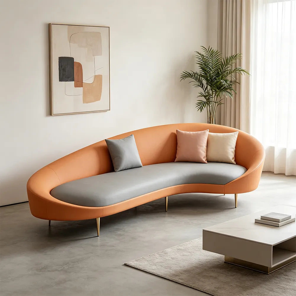 LIVARA Modern Curved Sofa Premium PU Leather High Density Foam Solid Wood Frame for Living Room Apartment Lounge - Orange & Grey