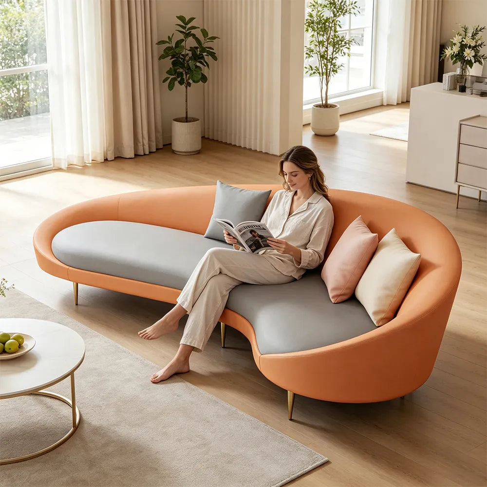 LIVARA Modern Curved Sofa Premium PU Leather High Density Foam Solid Wood Frame for Living Room Apartment Lounge - Orange & Grey
