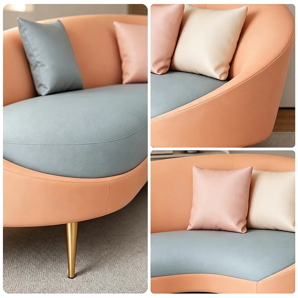 LIVARA Modern Curved Sofa Premium PU Leather High Density Foam Solid Wood Frame for Living Room Apartment Lounge - Orange & Grey