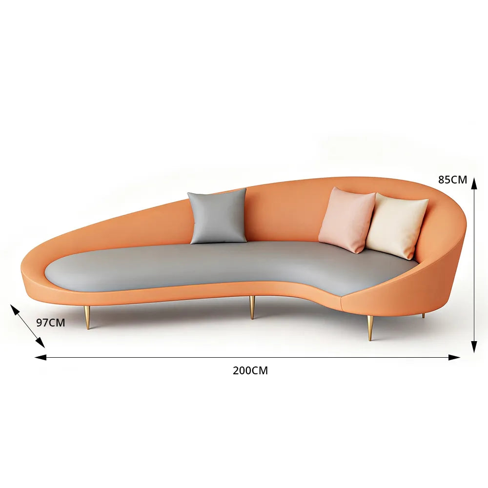 LIVARA Modern Curved Sofa Premium PU Leather High Density Foam Solid Wood Frame for Living Room Apartment Lounge - Orange & Grey