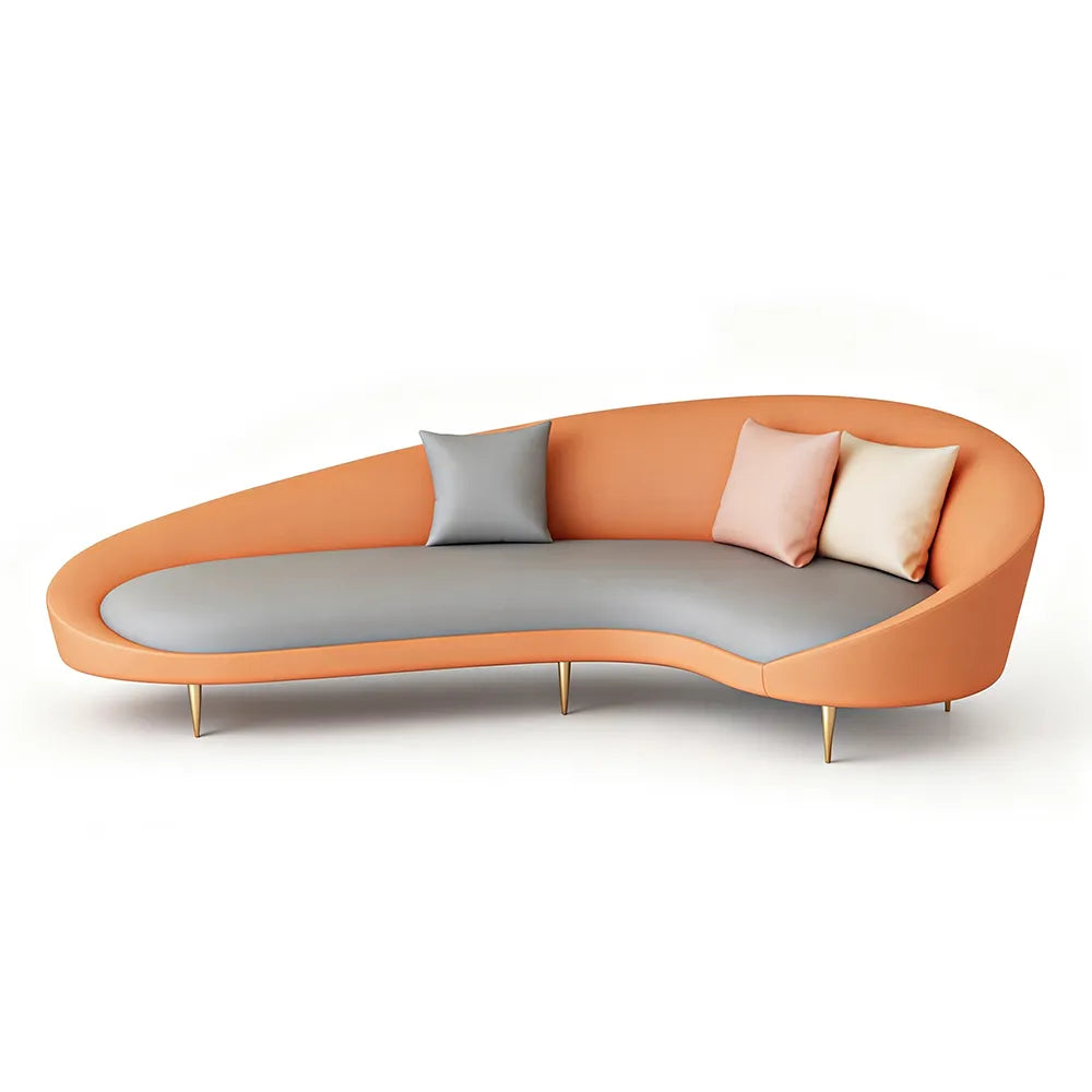 LIVARA Modern Curved Sofa Premium PU Leather High Density Foam Solid Wood Frame for Living Room Apartment Lounge - Orange & Grey