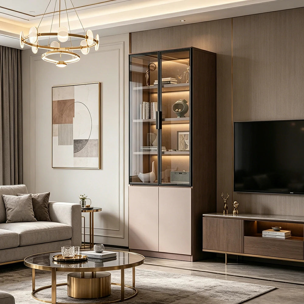 LIVARA Storage Cabinet - Honeycomb Aluminum Frame Glass Door Display Cabinet 60/80cm Living Room Storage - Coffee