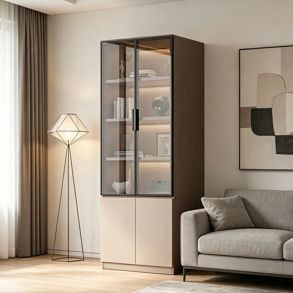 LIVARA Storage Cabinet - Honeycomb Aluminum Frame Glass Door Display Cabinet 60/80cm Living Room Storage - Coffee