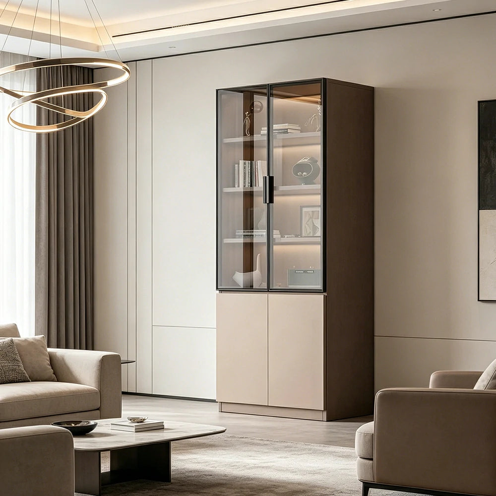LIVARA Storage Cabinet - Honeycomb Aluminum Frame Glass Door Display Cabinet 60/80cm Living Room Storage - Coffee
