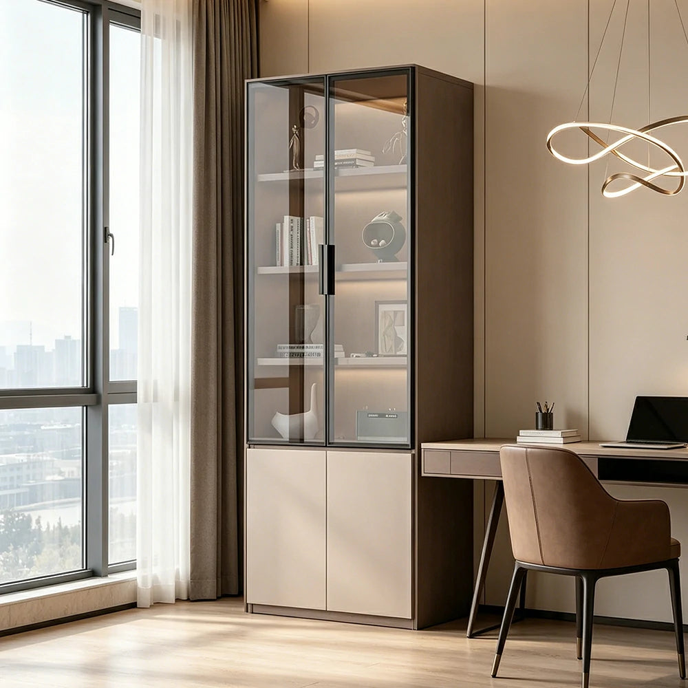 LIVARA Storage Cabinet - Honeycomb Aluminum Frame Glass Door Display Cabinet 60/80cm Living Room Storage - Coffee