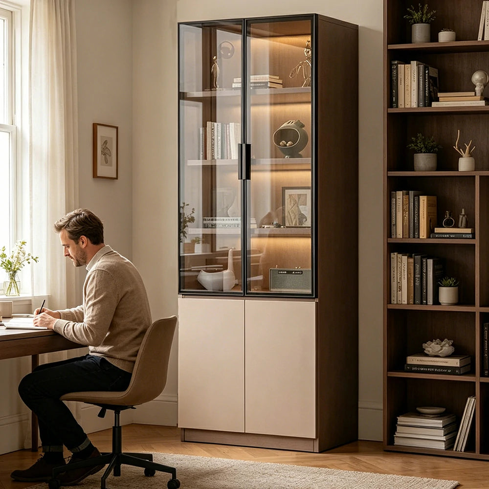 LIVARA Storage Cabinet - Honeycomb Aluminum Frame Glass Door Display Cabinet 60/80cm Living Room Storage - Coffee
