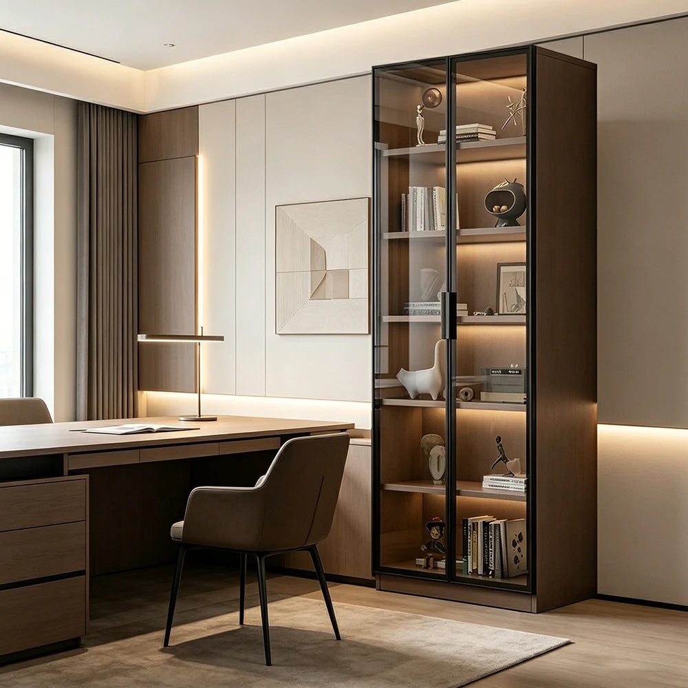 LIVARA Storage Cabinet - Honeycomb Aluminum Frame Full Glass Door Display Cabinet 60/80cm Living Room Storage - Coffee