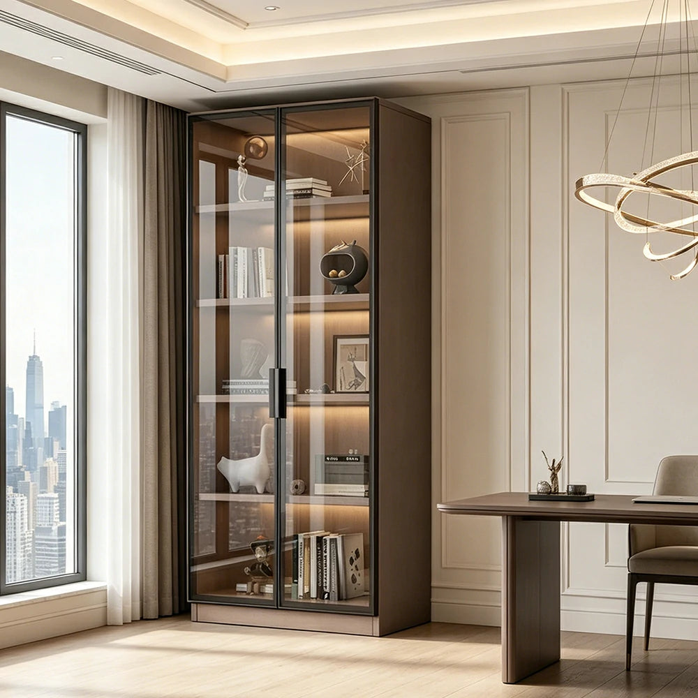 LIVARA Storage Cabinet - Honeycomb Aluminum Frame Full Glass Door Display Cabinet 60/80cm Living Room Storage - Coffee