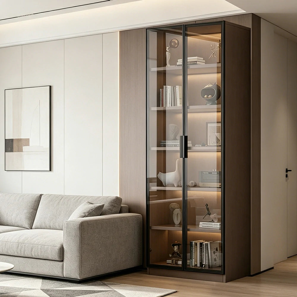 LIVARA Storage Cabinet - Honeycomb Aluminum Frame Full Glass Door Display Cabinet 60/80cm Living Room Storage - Coffee