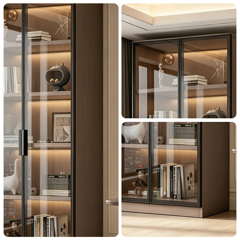 LIVARA Storage Cabinet - Honeycomb Aluminum Frame Full Glass Door Display Cabinet 60/80cm Living Room Storage - Coffee