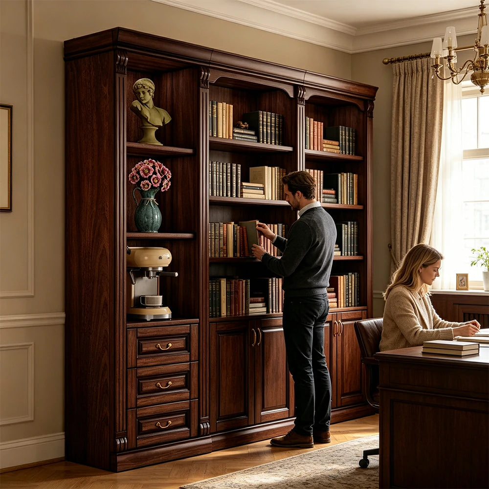 LIVARA Bookshelf Cabinet - Solid Wood 3-Drawer Storage Bookcase 210cm Study Living Room Display - Walnut