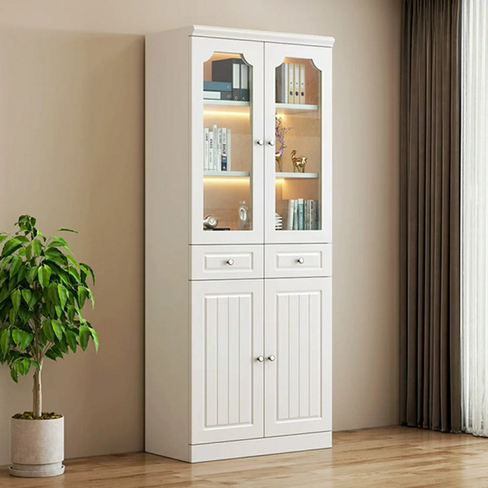 LIVARA Storage Cabinet - MDF 2 Door Glass Bookcase 80cm with Thick Shelves & Back Panel Living Room Study - Ivory White