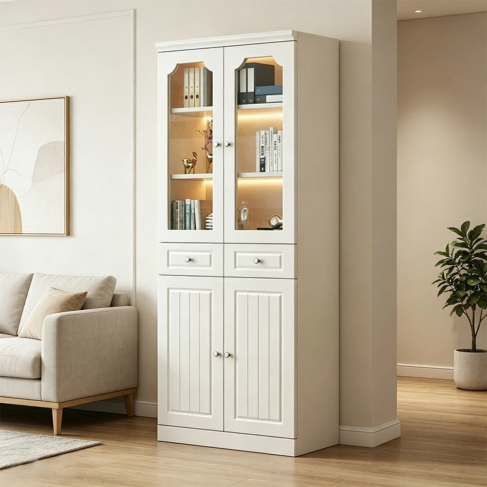 LIVARA Storage Cabinet - MDF 2 Door Glass Bookcase 80cm with Thick Shelves & Back Panel Living Room Study - Ivory White