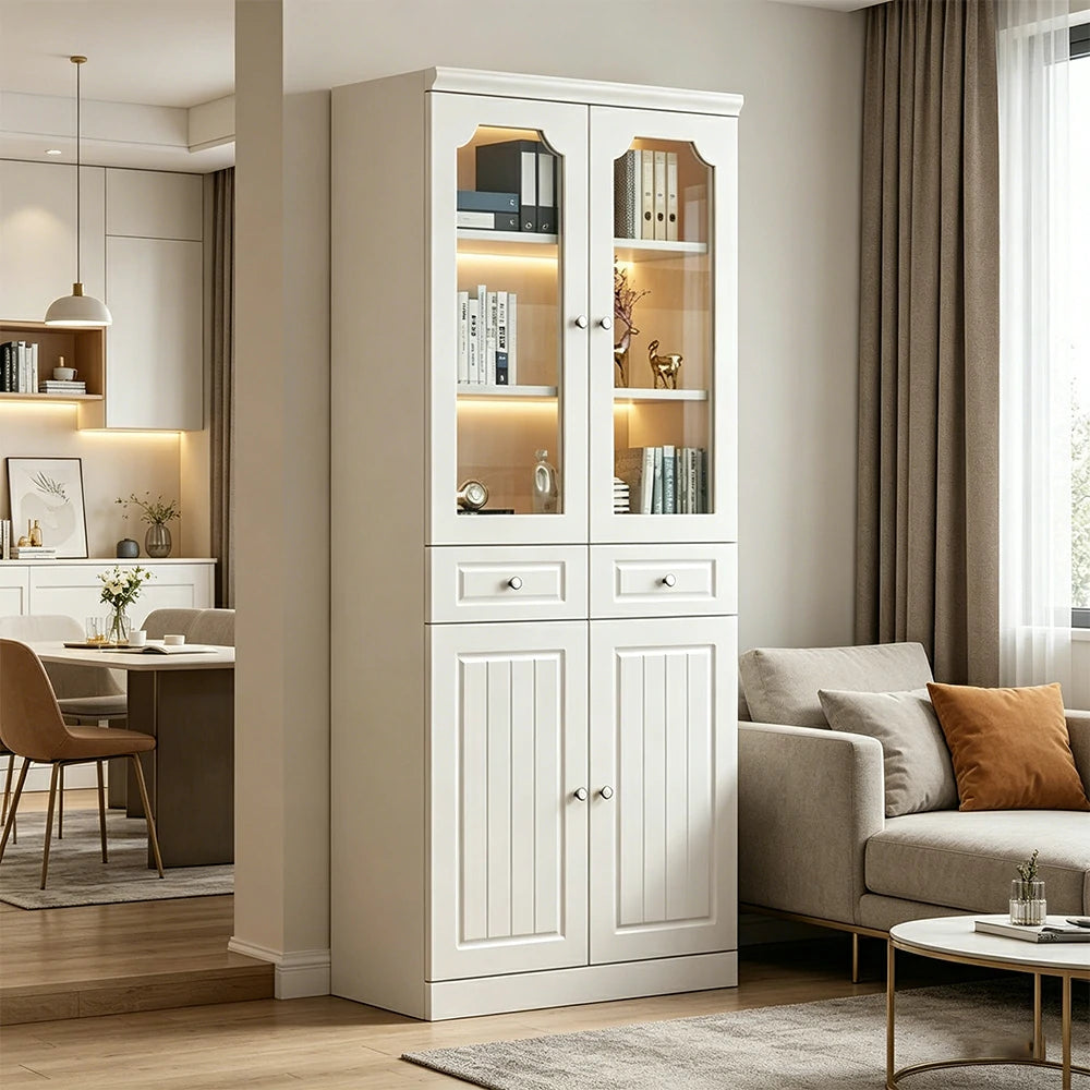 LIVARA Storage Cabinet - MDF 2 Door Glass Bookcase 80cm with Thick Shelves & Back Panel Living Room Study - Ivory White