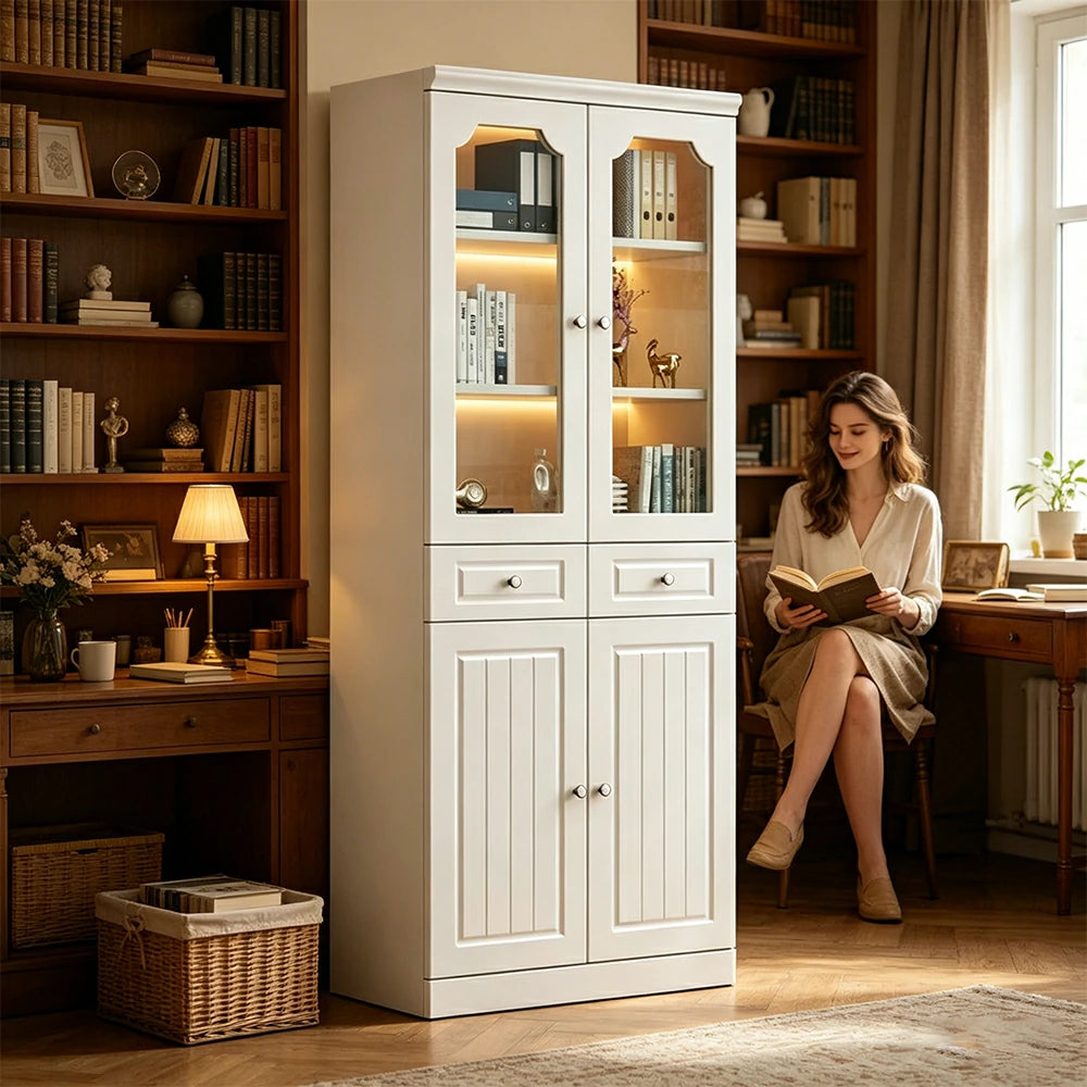 LIVARA Storage Cabinet - MDF 2 Door Glass Bookcase 80cm with Thick Shelves & Back Panel Living Room Study - Ivory White