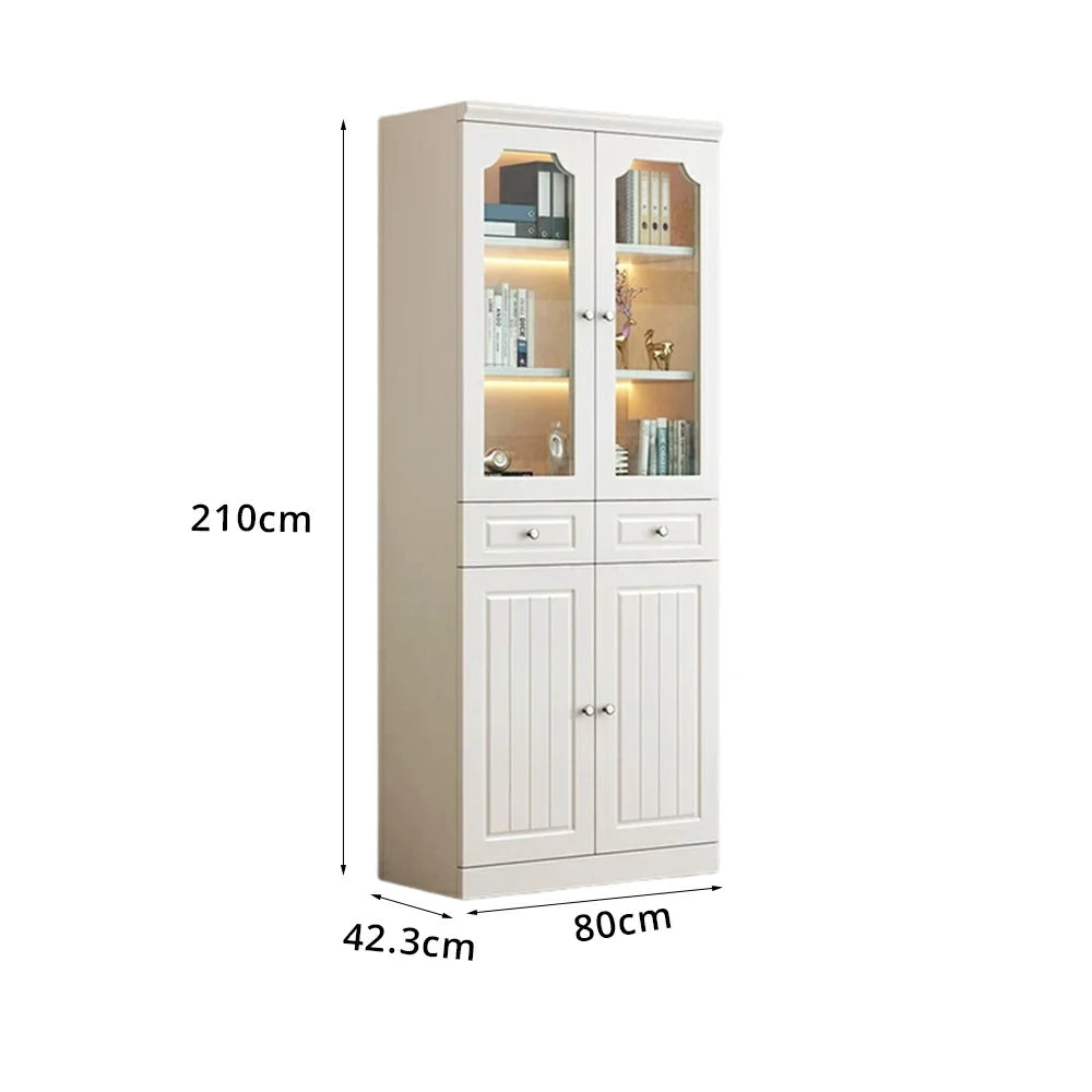 LIVARA Storage Cabinet - MDF 2 Door Glass Bookcase 80cm with Thick Shelves & Back Panel Living Room Study - Ivory White