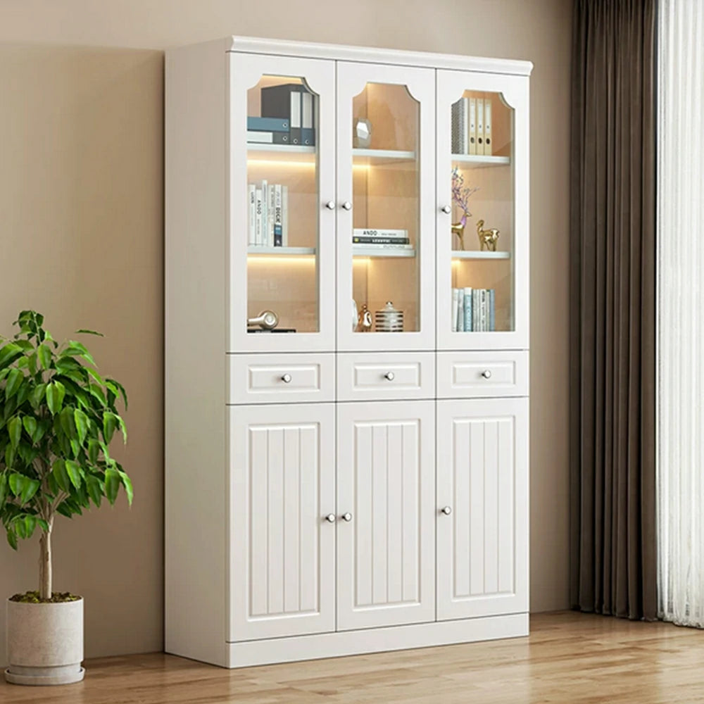 LIVARA Storage Cabinet - MDF 3 Door Glass Bookcase 120cm with Thick Shelves & Back Panel Living Room Study - Ivory White