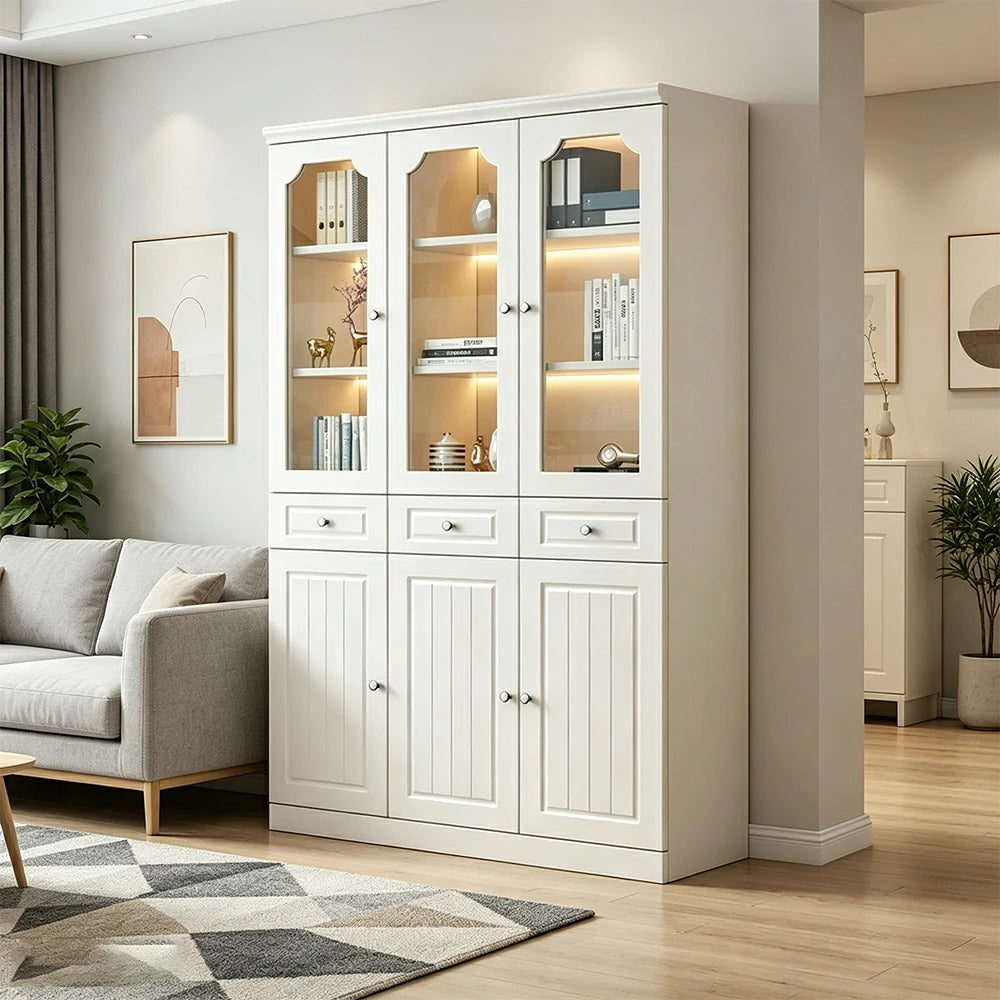 LIVARA Storage Cabinet - MDF 3 Door Glass Bookcase 120cm with Thick Shelves & Back Panel Living Room Study - Ivory White