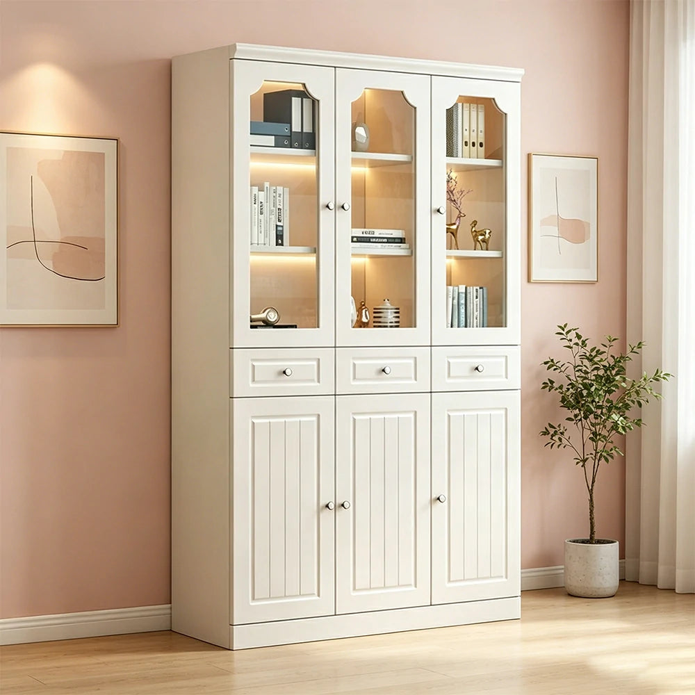 LIVARA Storage Cabinet - MDF 3 Door Glass Bookcase 120cm with Thick Shelves & Back Panel Living Room Study - Ivory White