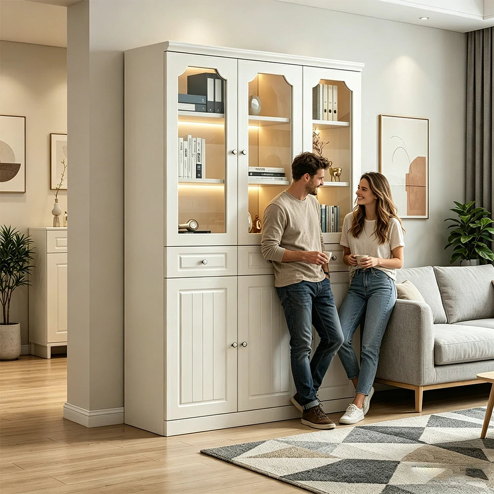 LIVARA Storage Cabinet - MDF 3 Door Glass Bookcase 120cm with Thick Shelves & Back Panel Living Room Study - Ivory White