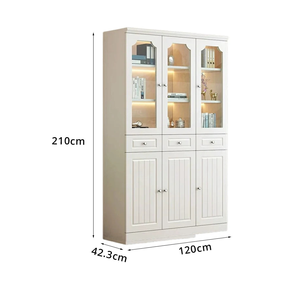 LIVARA Storage Cabinet - MDF 3 Door Glass Bookcase 120cm with Thick Shelves & Back Panel Living Room Study - Ivory White