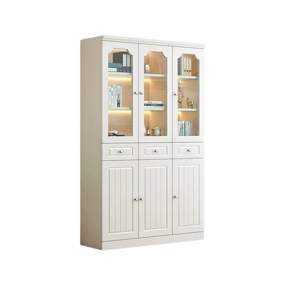 LIVARA Storage Cabinet - MDF 3 Door Glass Bookcase 120cm with Thick Shelves & Back Panel Living Room Study - Ivory White
