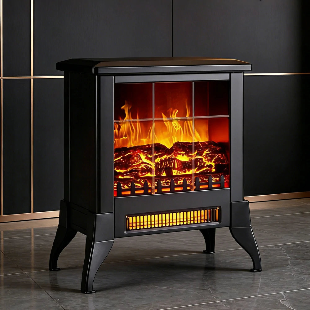 LIVARA 14-Inch Electric Fireplace Heater 3D Flame Effect 1800W Indoor Space Heater Tempered Glass Steel Body Quiet Operation - Black