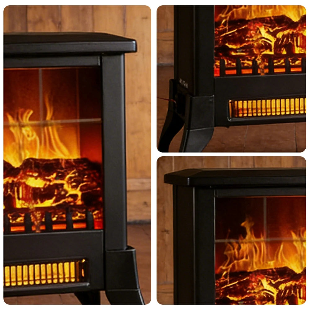 LIVARA 14-Inch Electric Fireplace Heater 3D Flame Effect 1800W Indoor Space Heater Tempered Glass Steel Body Quiet Operation - Black