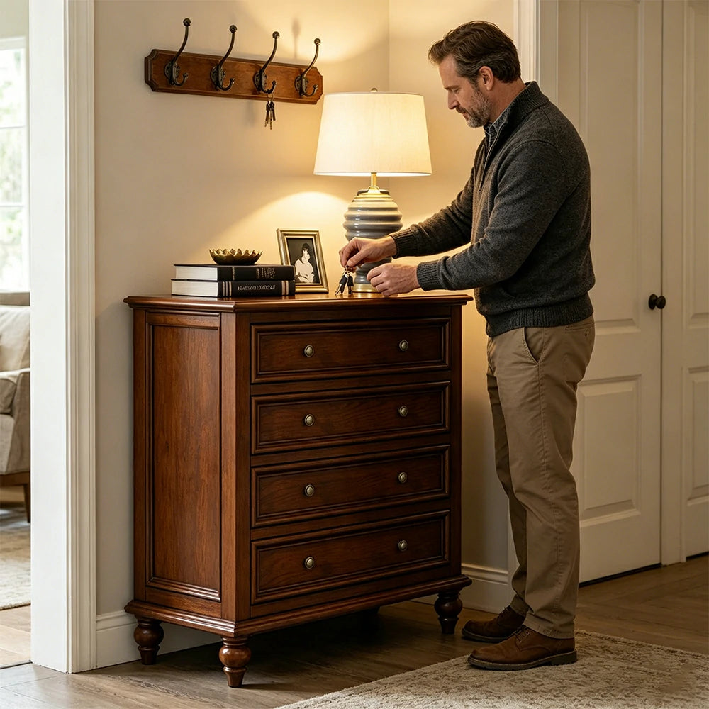 LIVARA Solid Wood 4 Drawer Chest with Large Storage American Style Cabinet for Living Room Bedroom Entryway