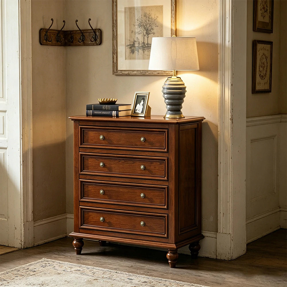 LIVARA Solid Wood 4 Drawer Chest with Large Storage American Style Cabinet for Living Room Bedroom Entryway