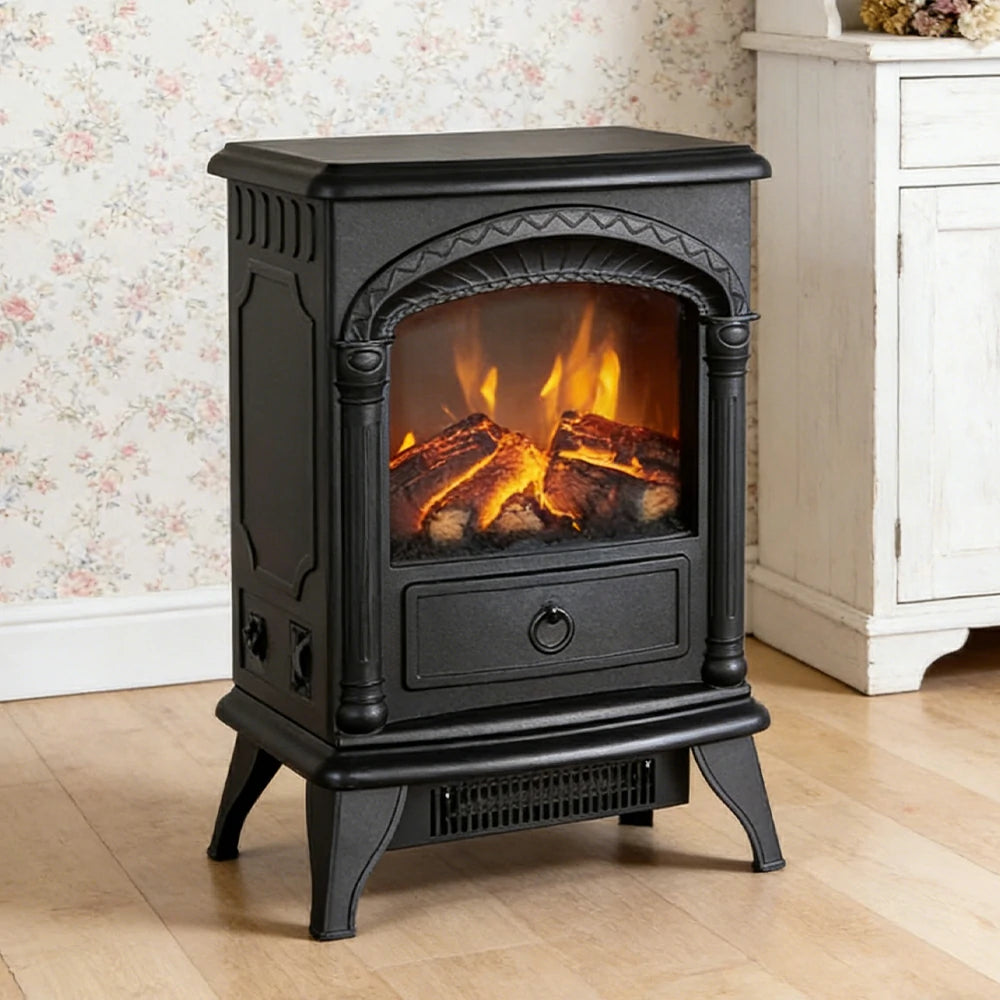 LIVARA 15-Inch Electric Fireplace Heater 3D Flame Effect 1800W Indoor Space Heater Tempered Glass Steel Body Quiet Operation - Black