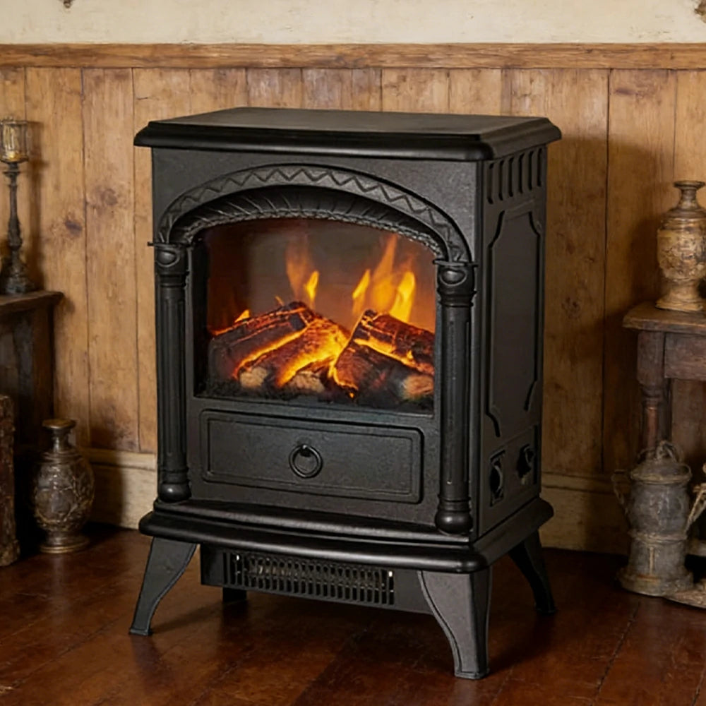LIVARA 15-Inch Electric Fireplace Heater 3D Flame Effect 1800W Indoor Space Heater Tempered Glass Steel Body Quiet Operation - Black