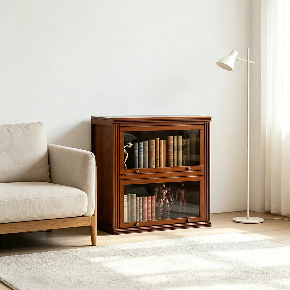 LIVARA 2-Tier Solid Ash Wood Bookcase Flip-Up Glass Door Storage Cabinet 60/80cm for Living Room Study