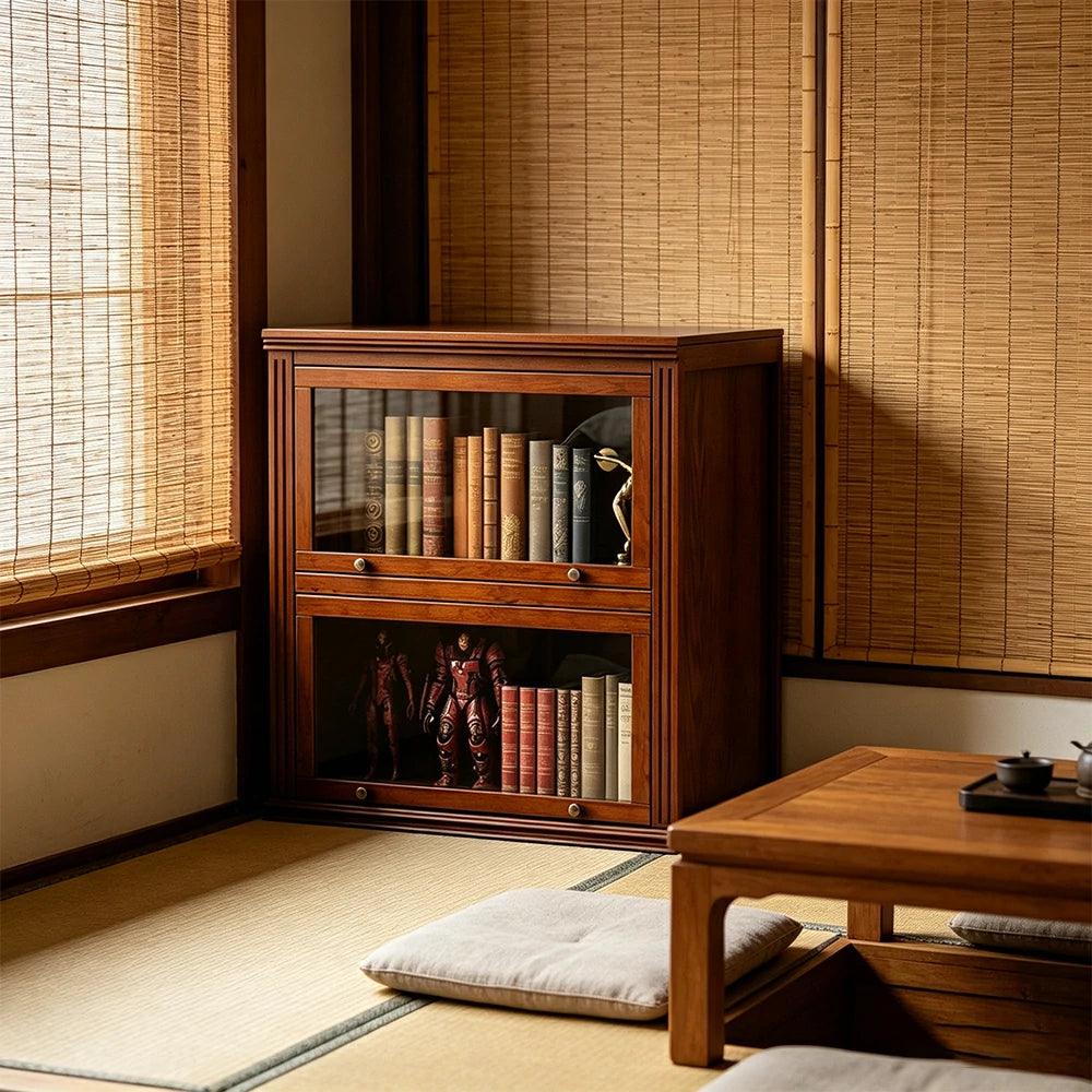 LIVARA 2-Tier Solid Ash Wood Bookcase Flip-Up Glass Door Storage Cabinet 60/80cm for Living Room Study