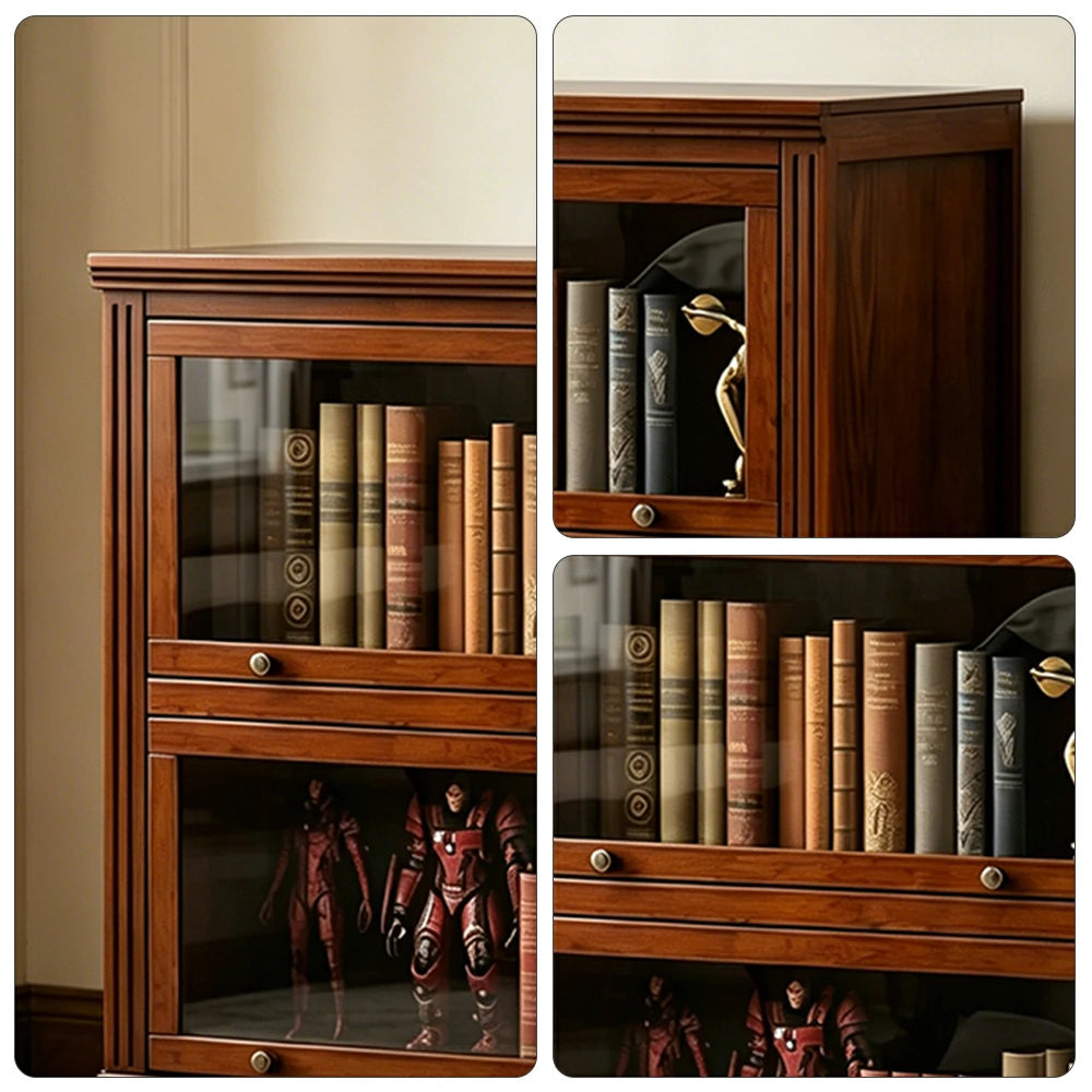 LIVARA 2-Tier Solid Ash Wood Bookcase Flip-Up Glass Door Storage Cabinet 60/80cm for Living Room Study