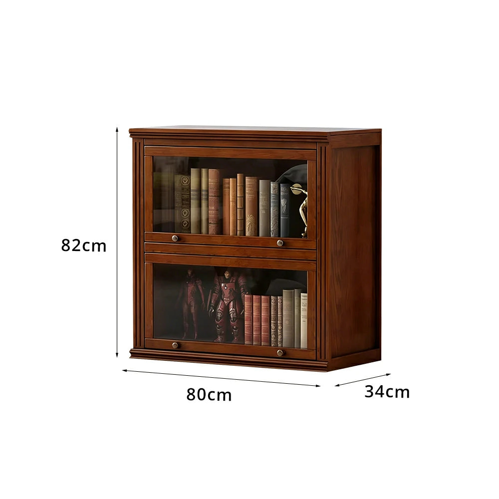 LIVARA 2-Tier Solid Ash Wood Bookcase Flip-Up Glass Door Storage Cabinet 60/80cm for Living Room Study