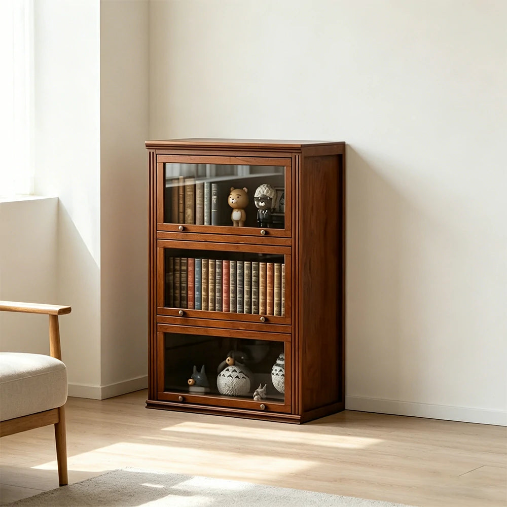 LIVARA 3-Tier Solid Ash Wood Bookcase Flip-Up Glass Door Storage Cabinet 60/80cm for Living Room Study