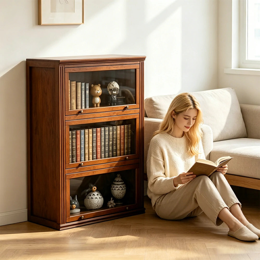 LIVARA 3-Tier Solid Ash Wood Bookcase Flip-Up Glass Door Storage Cabinet 60/80cm for Living Room Study