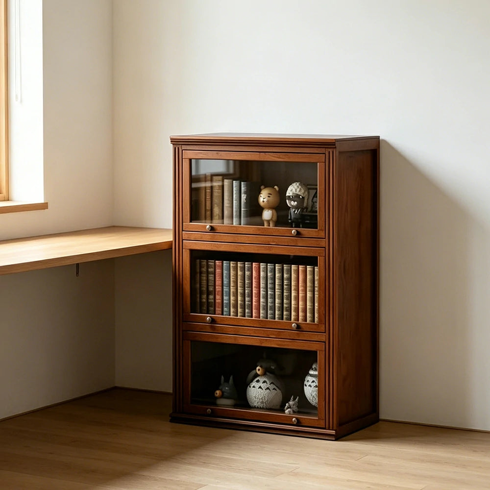 LIVARA 3-Tier Solid Ash Wood Bookcase Flip-Up Glass Door Storage Cabinet 60/80cm for Living Room Study