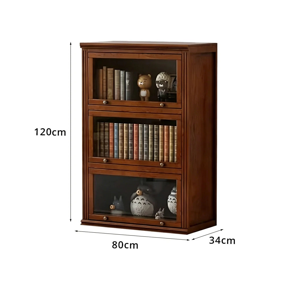 LIVARA 3-Tier Solid Ash Wood Bookcase Flip-Up Glass Door Storage Cabinet 60/80cm for Living Room Study