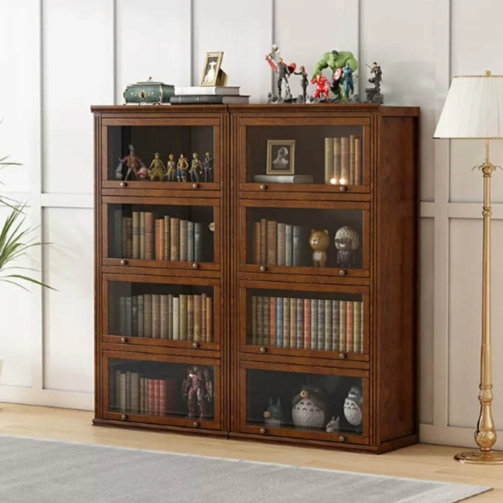 LIVARA 4-Tier Solid Ash Wood Bookcase Flip-Up Glass Door Storage Cabinet 60/80cm for Living Room Study