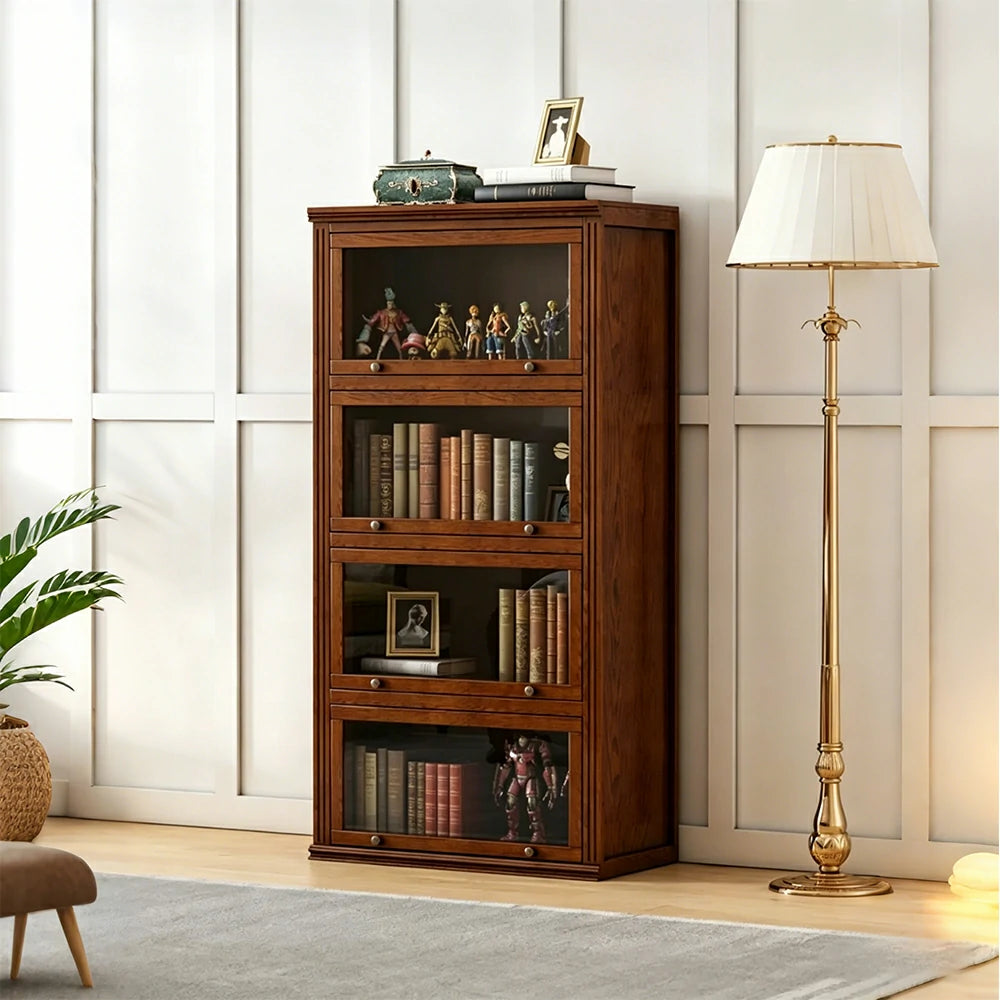 LIVARA 4-Tier Solid Ash Wood Bookcase Flip-Up Glass Door Storage Cabinet 60/80cm for Living Room Study
